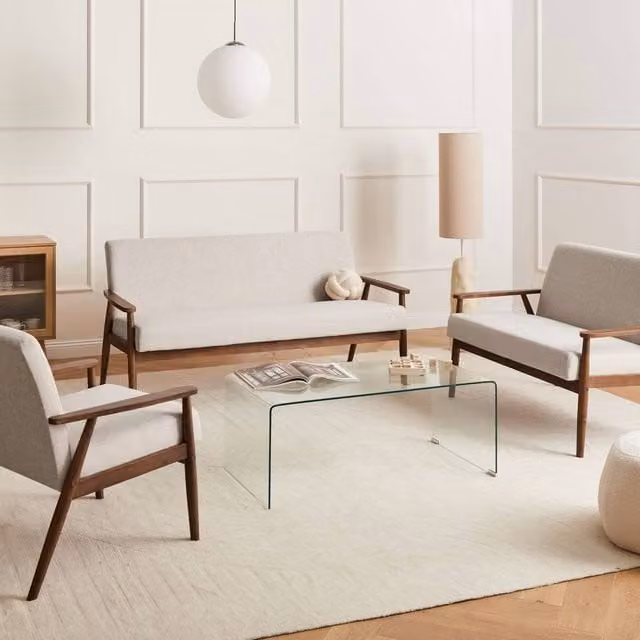 Wyld and Coco Mid-Century 3 Piece Living Room Set in Beige and Brown Fabric