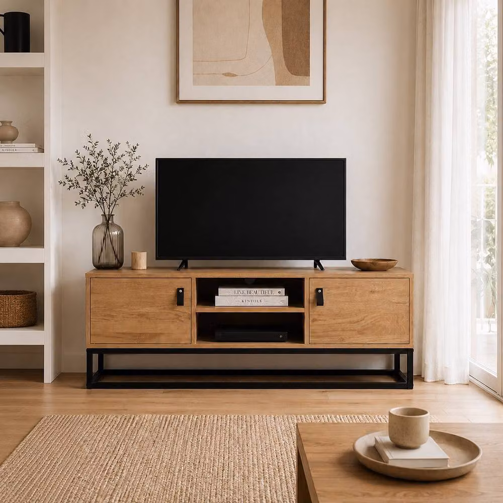 CALICOSY Jill Industrial TV Stand in Brown with 2 Doors and 2 Shelves, W: 120 cm, D: 39 cm, H: 48 cm – 2