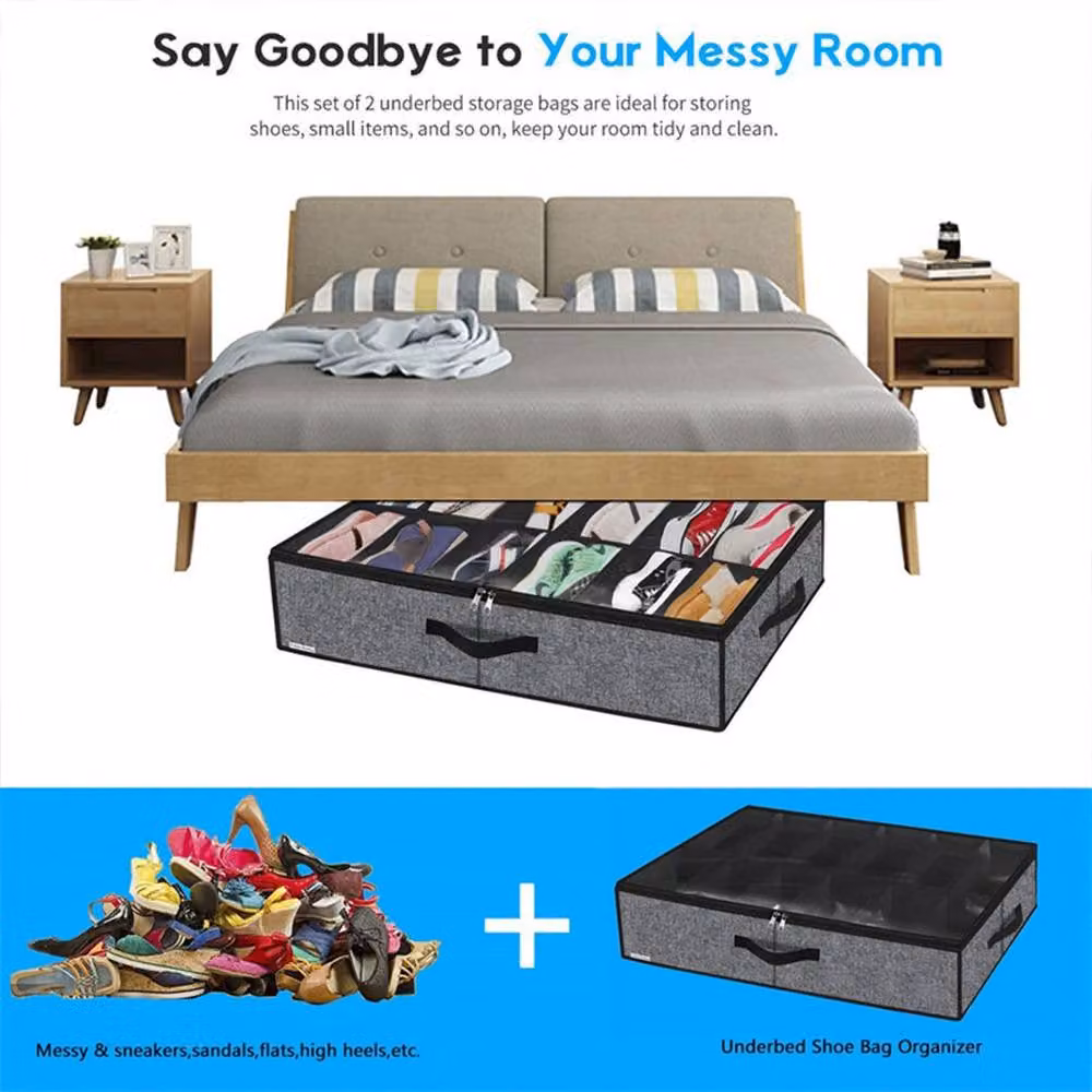 Ventryn 2-Piece Foldable Under Bed Shoe Storage Organisers in Grey with Transparent Windows – 3