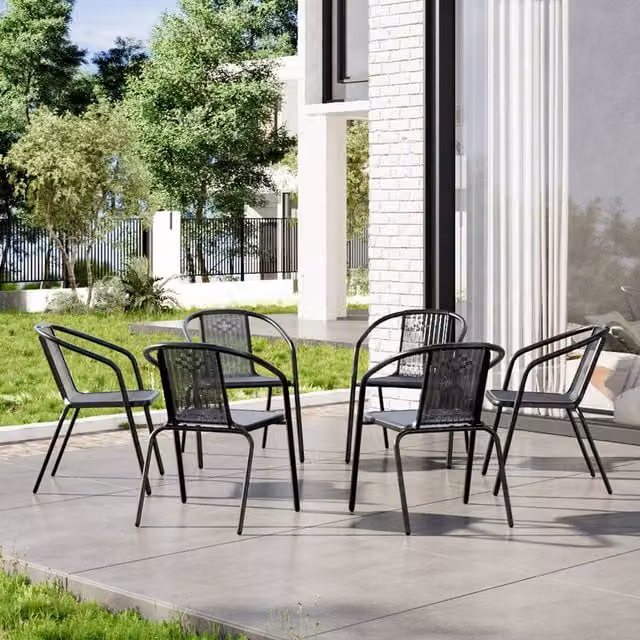 Breeins Set of 6 Modern Matt Black PE Rattan and Metal Garden Chairs