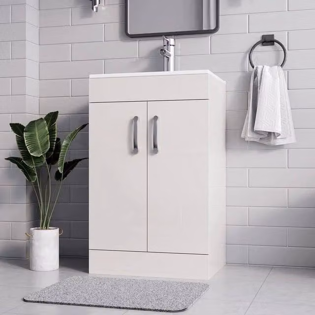 FORGEVIO White Glossy Bathroom Vanity Unit with Sink and Soft-Close Hinged Doors – 1