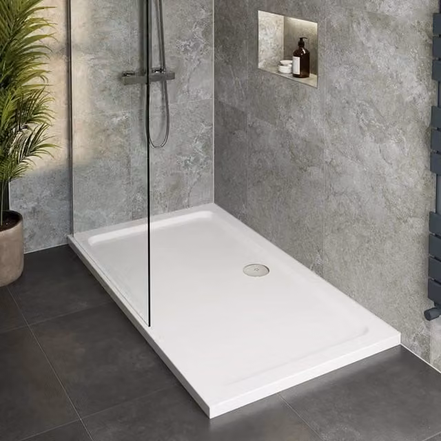 Bathwell White Stone Resin Anti-Slip Corner Shower Tray with Chrome Waste W: 800 mm, D: 1400 mm, H: 45 mm