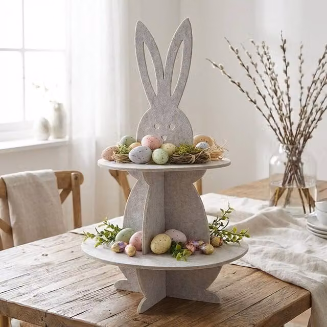 Garden Greatness Springtime Felt Rabbit Tabletop Display Stand in Grey