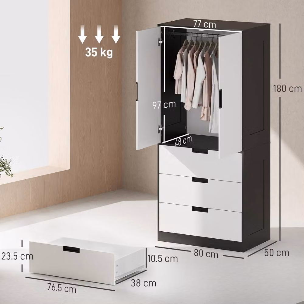 STILVORA Modern Black Matt Wardrobe with Hinged Doors, Drawers and Hanging Rail, H: 180 cm, W: 80 cm – 4