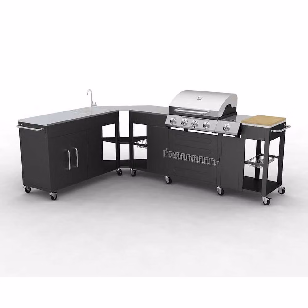 Berkfield Home Missouri 4-Burner Gas Outdoor Kitchen Barbecue in Black with Stainless Steel and Wood Finish, W/D/H: 248.0 x 112.0 x 55.5 cm – 2