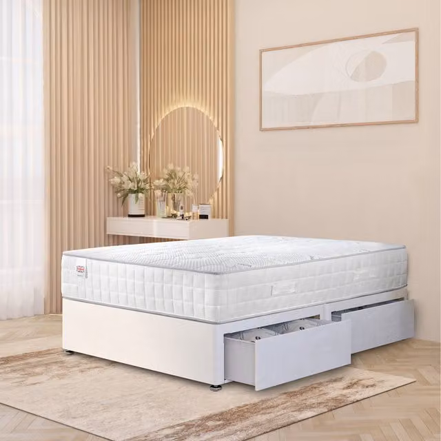 Horizona White Upholstered Velvet Divan Bed with Hybrid Memory Foam Pocket Spring Mattress W/D/H: 140 x 200 cm
