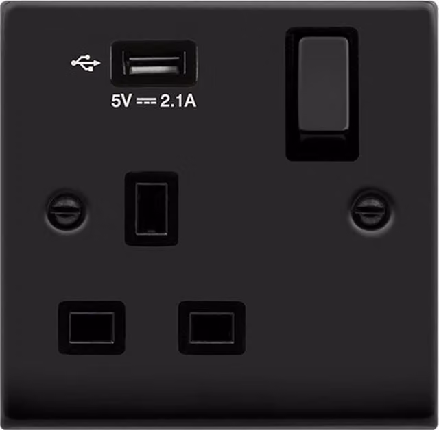 SE HOME Black 1 Gang 13A DP Ingot 1 USB Switched Flush Socket Plate