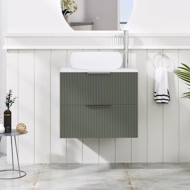 Royal Bathrooms Evora 600mm Sage Green Fluted Wall Hung 2 Drawer Vanity Unit with Milan Basin