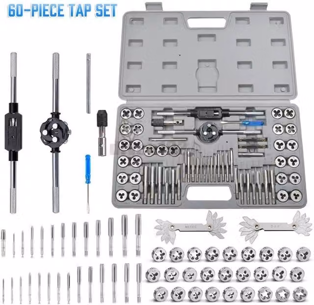 FLAVORA 60-Piece Metric and Imperial Stainless Steel Tap and Die Set in Silver
