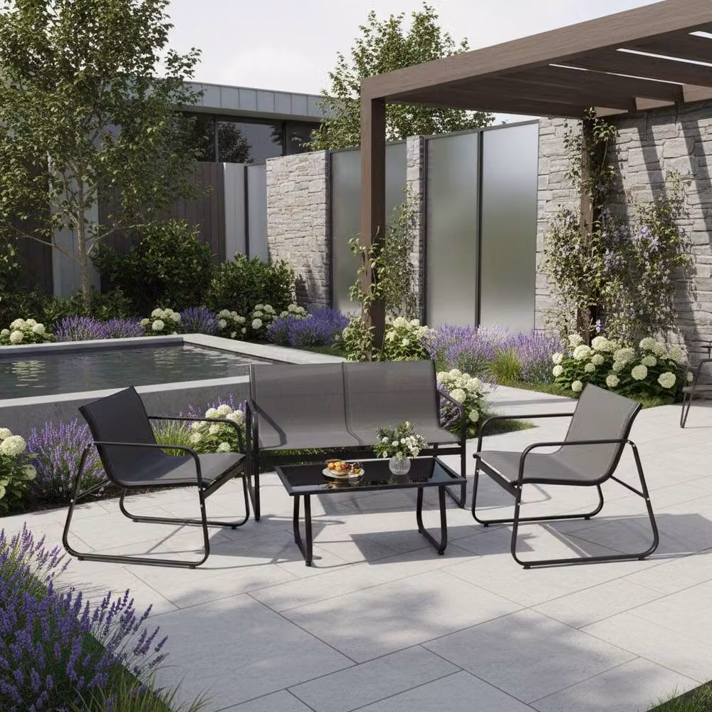 Costway 4-Piece Outdoor Furniture Set in Black with Metal Frame, Upholstered Cushions, 2-Seater Sofa, Armchairs and Coffee Table – 2