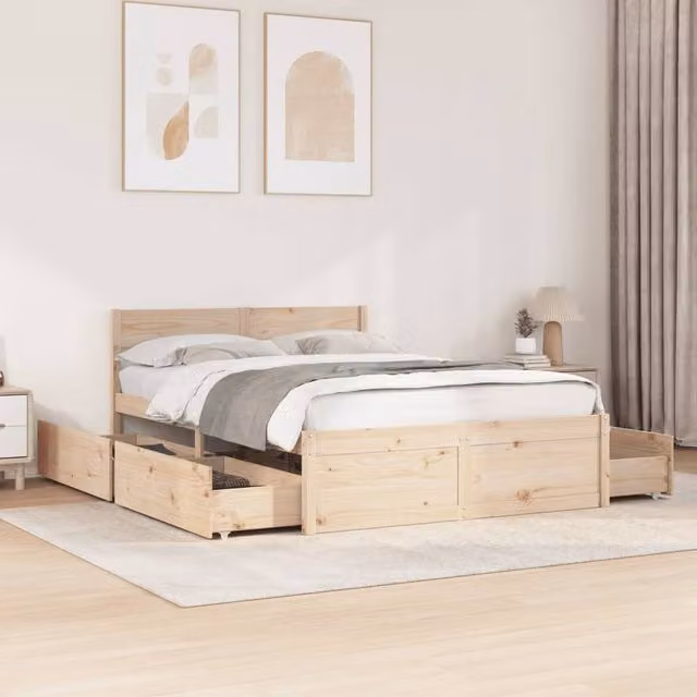 Berkfield Home Solid Wood Pine Bed Frame in Brown, W: 140 cm, L: 190 cm