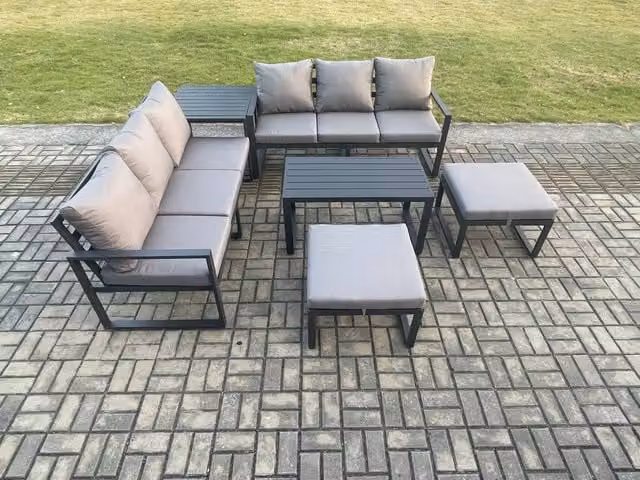 Fimous Aluminium Outdoor Garden Lounge Sofa Set with Coffee Table and Ottomans in Dark Grey