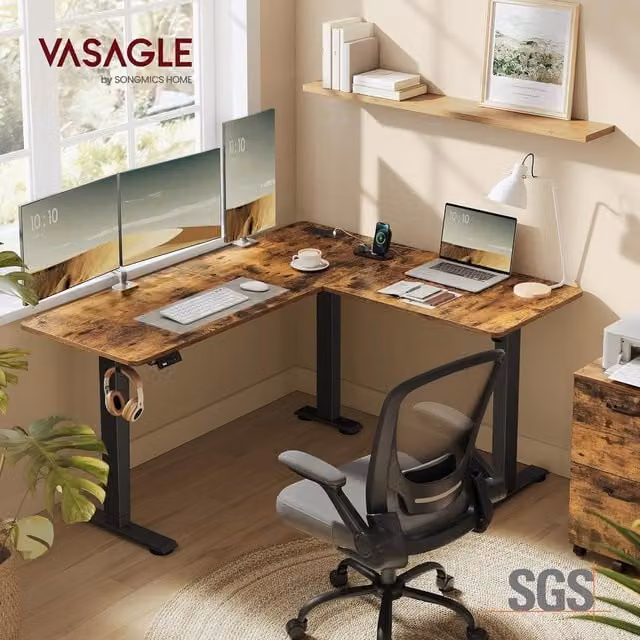 VASAGLE Height-Adjustable L-Shaped Electric Corner Standing Desk in Brown and Black