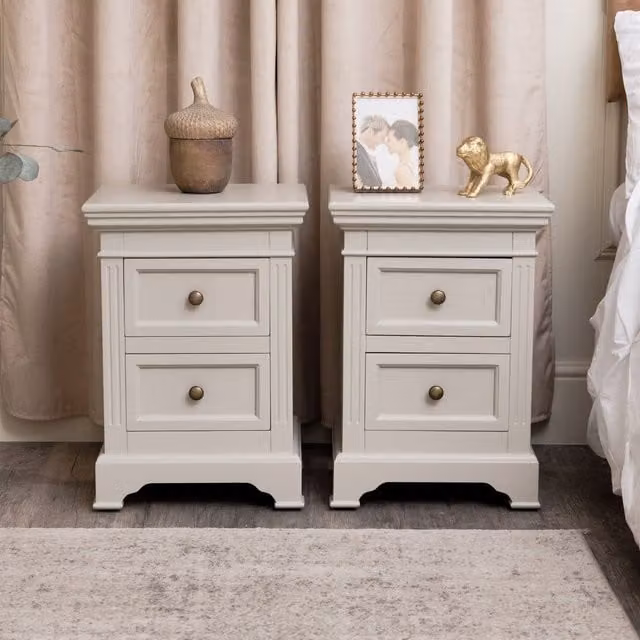Melody Maison Pair of Daventry Two Drawer Bedside Tables in Taupe-Grey