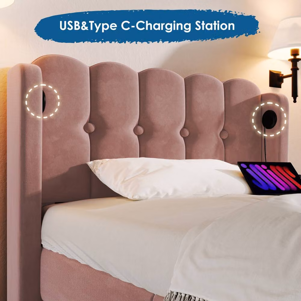 Matteo Pink Velvet Upholstered Single Bed Frame with USB Charging Port, W/D/H: 90 x 200 cm – 3