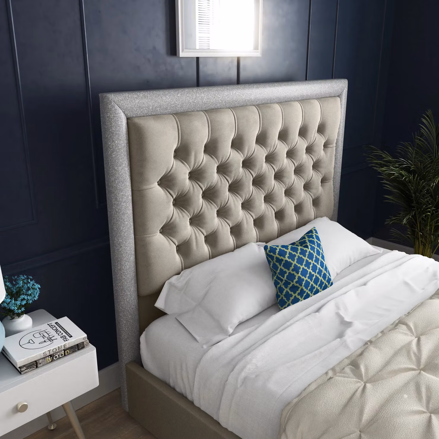 DS Living Cheltenham Upholstered Velvet Bed Frame in Cream, W/D/H: 90 x 200 cm – 2