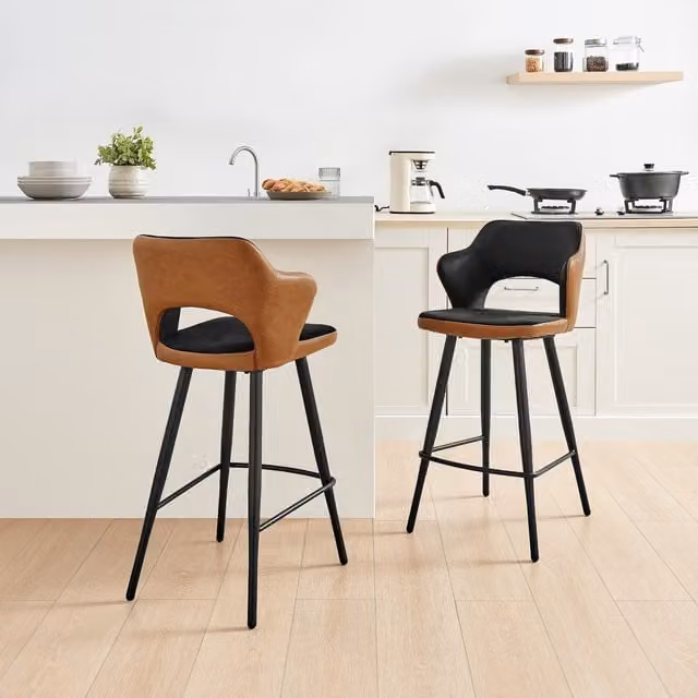 FurnitureboxUK Set of 2 Kai Bar Chairs in Black and Tan Velvet and PU Leather with Black Metal Legs