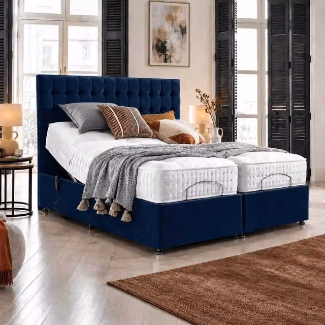 Geneva Eve Electric Adjustable Bed with Mattress and Headboard in Blue and Silver, King Size, W: 180 cm, D: 200 cm