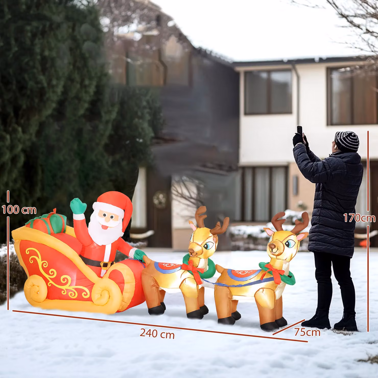 OUTSUNNY Red Christmas Inflatable Santa on Sleigh Blow Up Decoration – 3