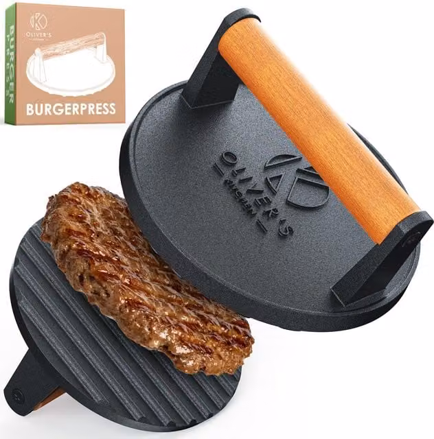 Oliver's Kitchen Cast Iron Smash Burger Press in Black with Ergonomic Grip