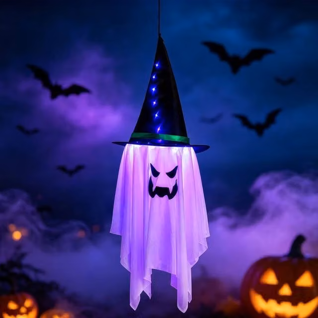 Lovii LED Light Up Hanging Ghost with Witch Hat for Halloween Parties, Purple