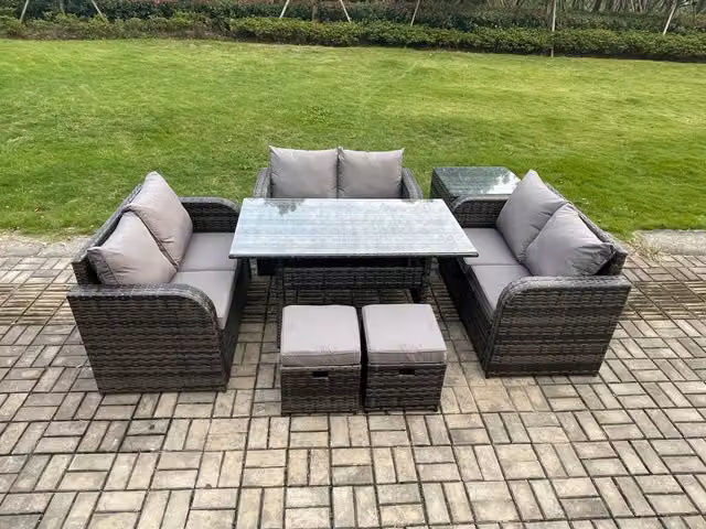 Fimous 8 Seater Outdoor Rattan Garden Furniture Set in Dark Grey with Rectangular Dining Table, Love Sofa, Side Table and 2 Footstools