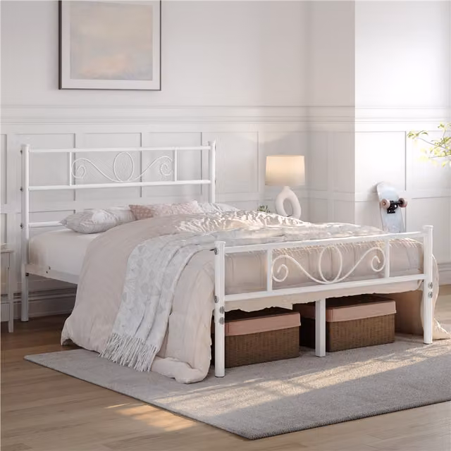 Yaheetech White Metal Bed Frame for Bedroom, 140 x 200 cm