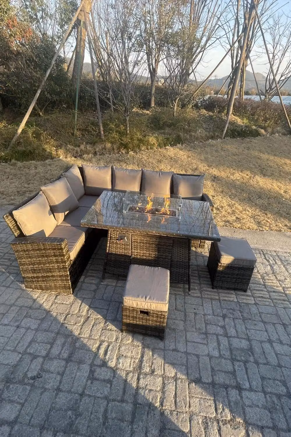 Fimous 8 Seater Rattan Dining Set with Gas Fire Pit Table and Left Corner Sofa in Dark Grey – 2