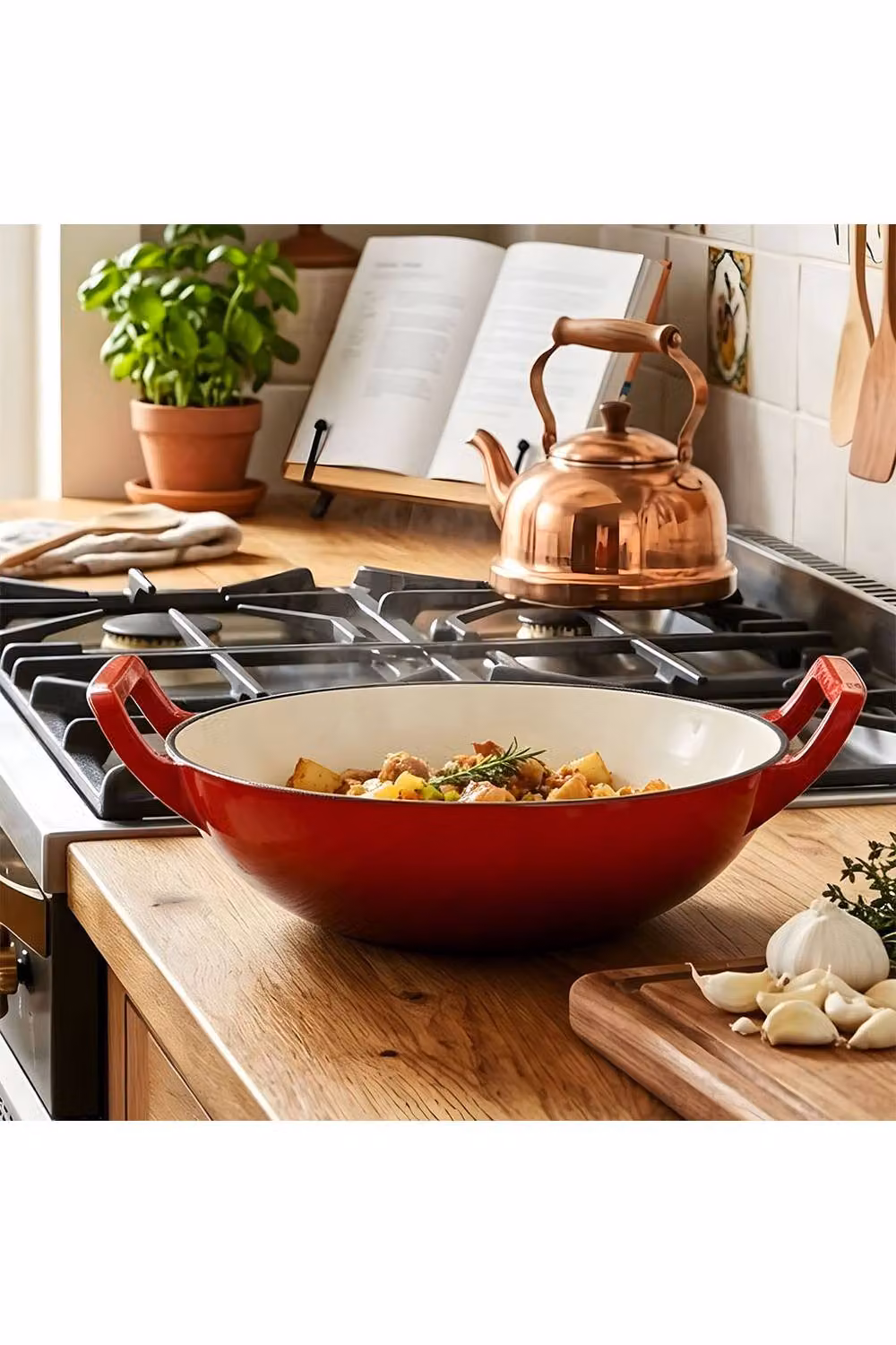 Living and Home Enamelled Cast Iron Stir-Fry Wok, Red, Depth: 30 cm – 4