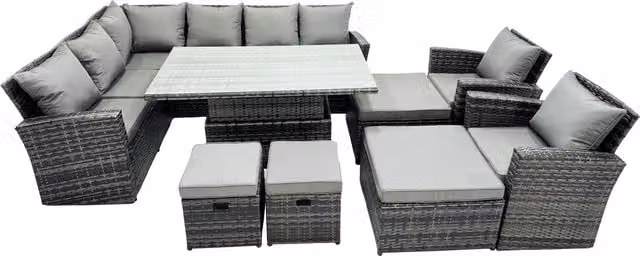 Fimous Poly Rattan Outdoor Patio Corner Sofa Set with 4 Stools and 2 Chairs in Dark Grey