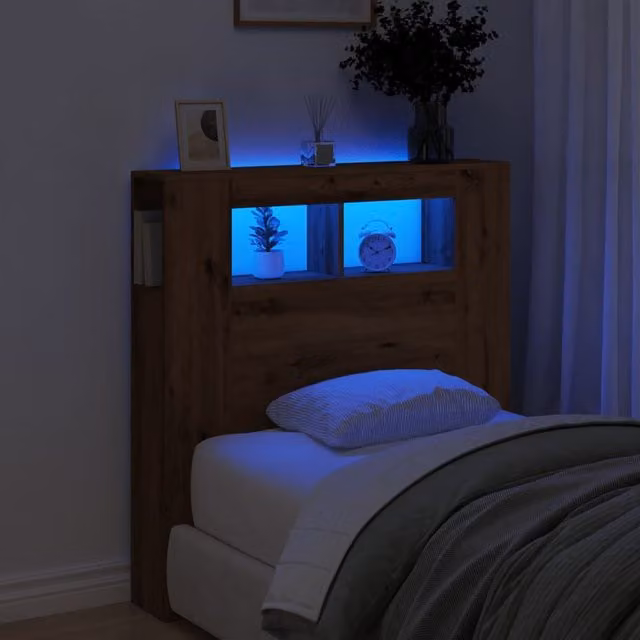 Berkfield Home Artisan Oak LED Headboard in Brown with Integrated Shelf and USB Charging Port, W/D/H: 100 x 18.5 x 103.5 cm – 1