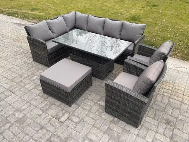 Fimous Grey PE Rattan Outdoor Garden Furniture Set with Height Adjustable Rising Table, 2 Armchairs and Large Footstool