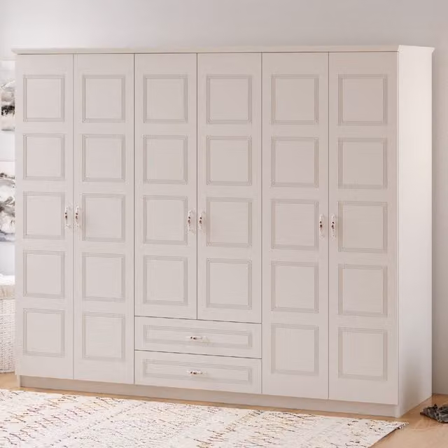EVUHOME Regal 6 Door 2 Drawer White Wardrobe, H 210 x W 184 x D 52 cm