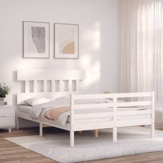 Berkfield Home Beautiful Solid Wood Bed Frame with Headboard in White, W/D/H: 120 x 200 cm – 1