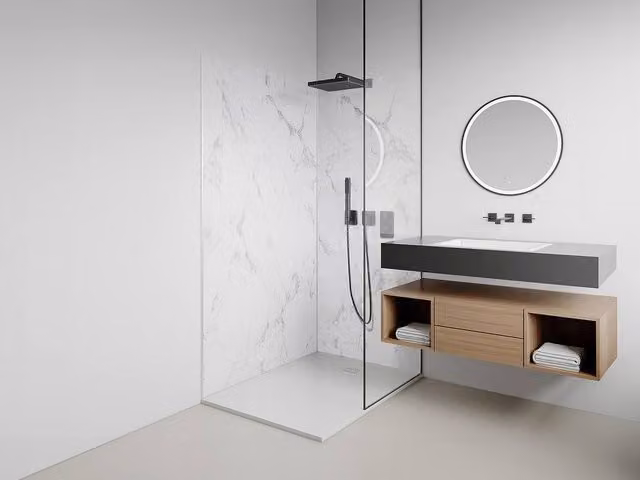 ENEKO Set of 2 White Marble Effect Aluminium Wall Panels for Bathroom and Shower, W/H: 90 x 120 cm – 1