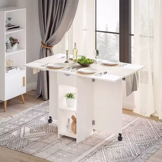KORVIXA White Folding Drop Leaf Dining Table with Castors, W/D/H: 100 x 72 x 75 cm – 1