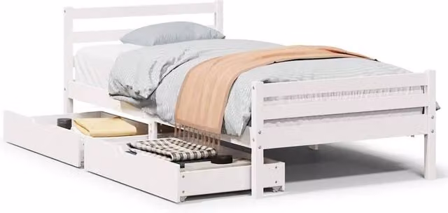 Berkfield Home White Solid Wood Pine Bed Frame with Drawers W/D/H: 100 x 200 cm