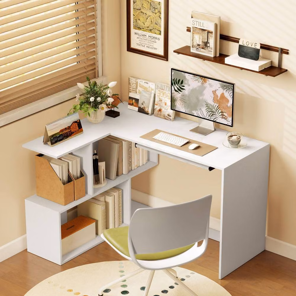 STILVORA L-Shaped Corner Desk in White with Keyboard Tray and Shelves – 3