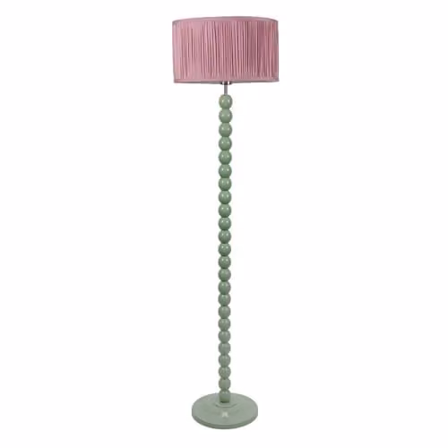 ValueLights Bobbin Stem Floor Lamp in Sage Green with Blush Pink Ruched Pleated Shade, H 145 x W 25 x D 25 cm