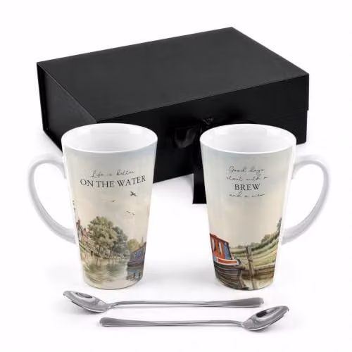 Purely Home Canal Boating Tall Latte Mugs and Spoons Gift Boxed Set, Multicolour – 1