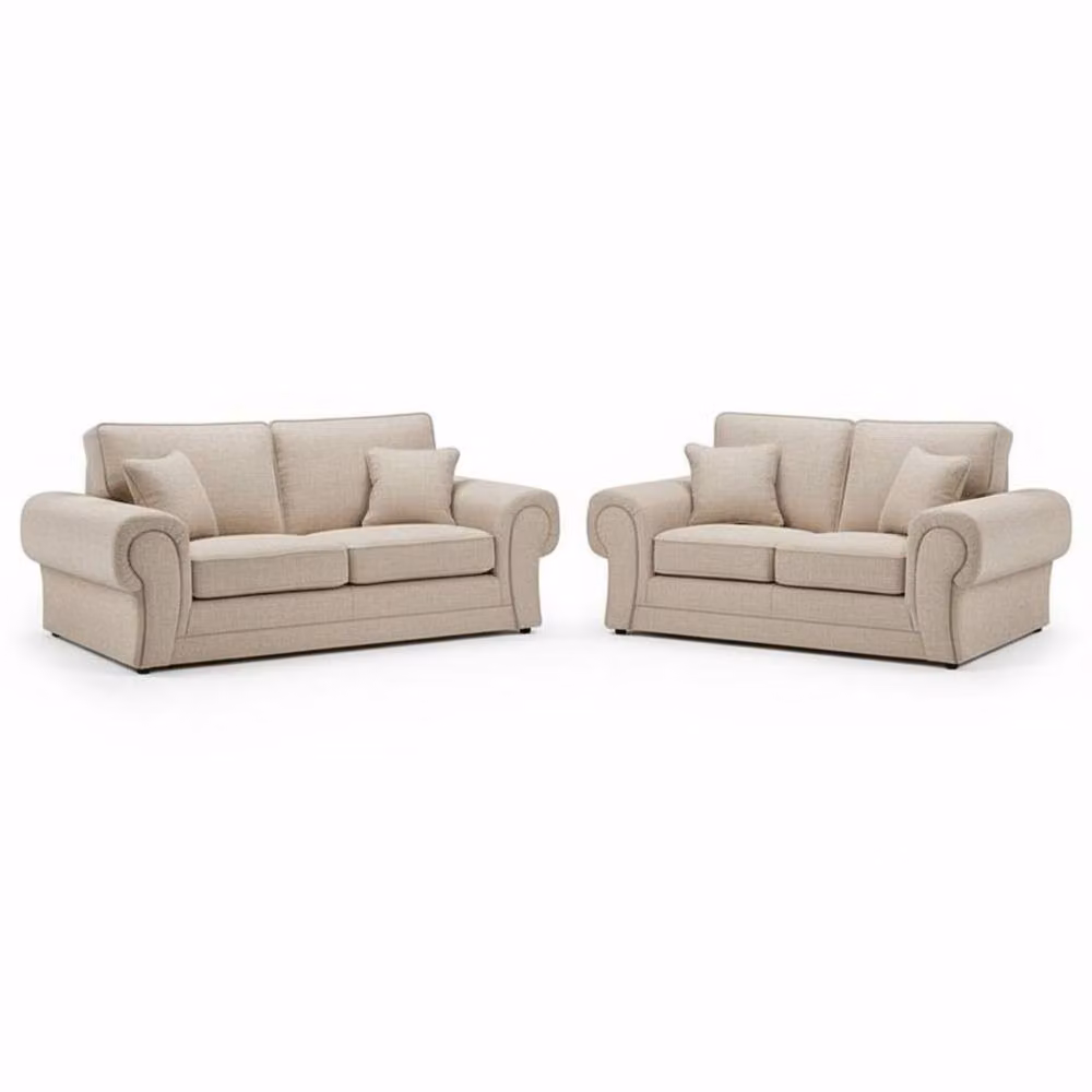 Snug Furniture Birmingham Ltd Wilcot 3+2 Beige Fabric Sofa Set with Full-Back Design and Scatter Cushions – 2