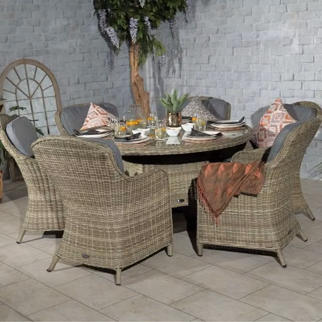 Royalcraft Wentworth 6 Seater Round Imperial Dining Set in Cream with Grey Cushions