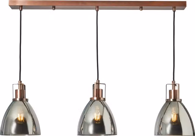 Litecraft Indy 3 Light Pendant Ceiling Light with Smoke Glass Shades in Copper