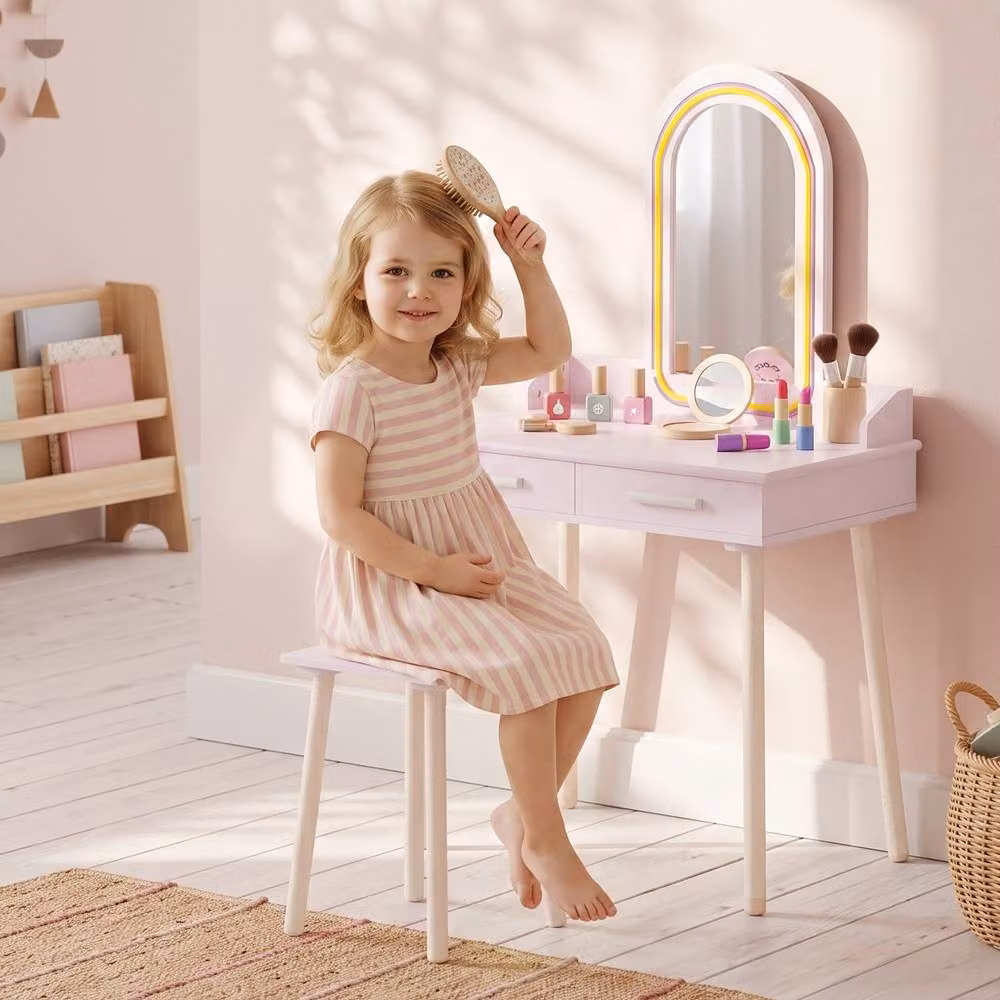AIYAPLAY Kids Dressing Table with Stool and 3-Colour LED Hollywood Mirror in Pink – 2