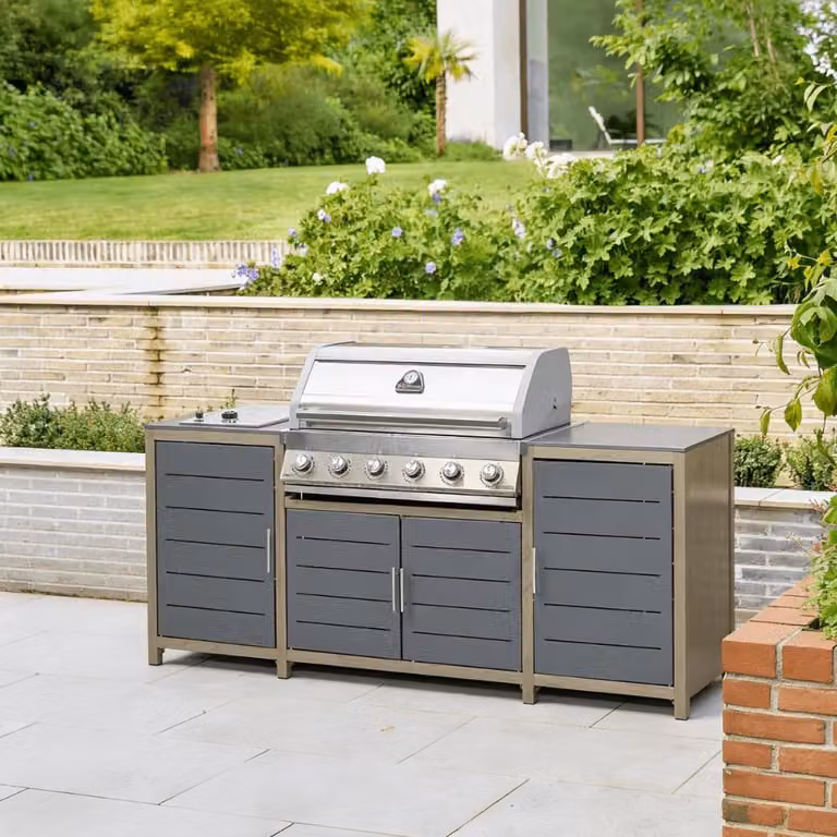 Leisure Grow Savannah Hybrid 6 Burner Gas Outdoor Kitchen in Grey with Stainless Steel, Aluminium, Ceramic and Cast Iron Finishes
