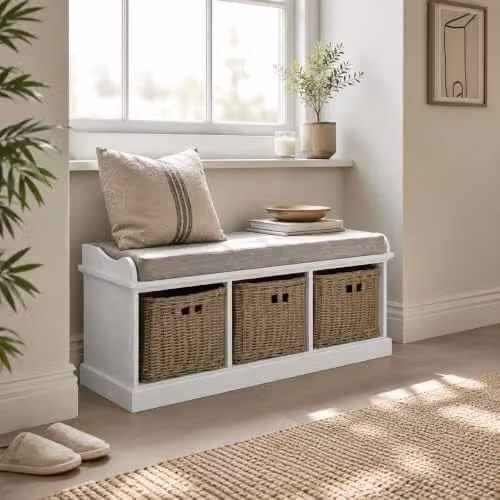 Statement Furniture Tetbury White Storage Bench with 3 Brown Baskets and Grey Cushion, W: 112 cm