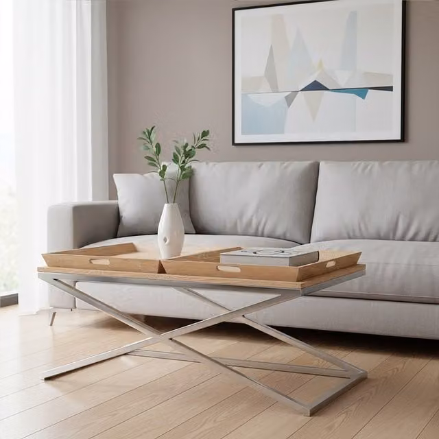 Orsina Modern Rectangular Coffee Table with Oak Wood Top and Silver Metal Frame, W/D/H: 120 x 70 x 46 cm