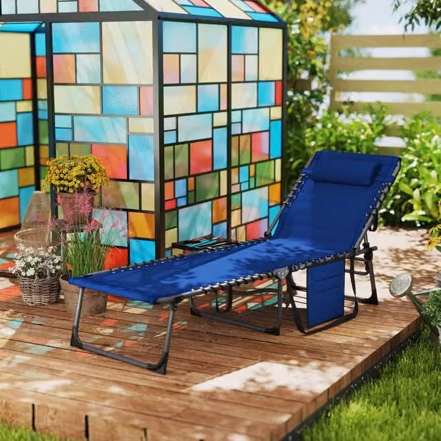 Outsunny Reclining Folding Sun Lounger with Side Table in Dark Blue
