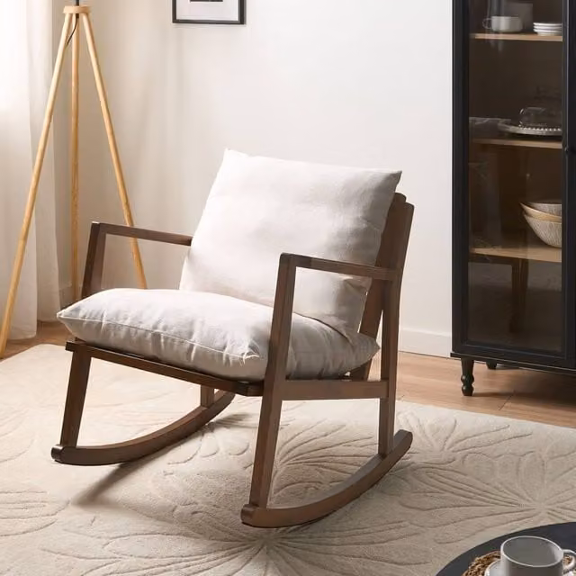 Wyld and Coco Rocking Armchair in Beige Fabric with Rubberwood Frame – 1