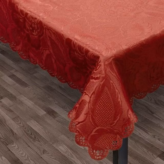 Intimates Red Floral Rose Damask Round Polyester Jacquard Tablecloth, Diameter: 177.8 cm
